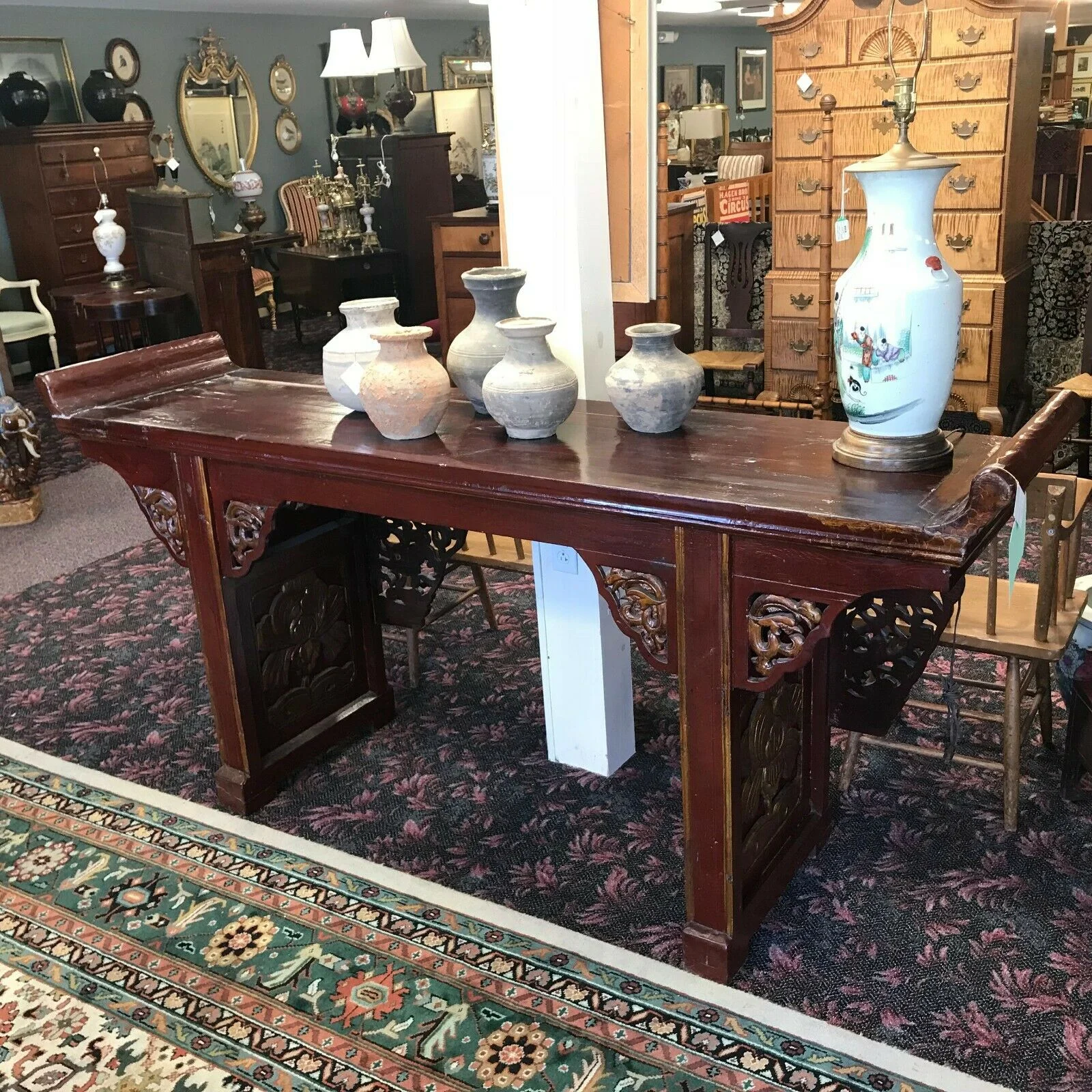Large Antique Chinese Elm Red Lacquer Alter Table — Ardesh